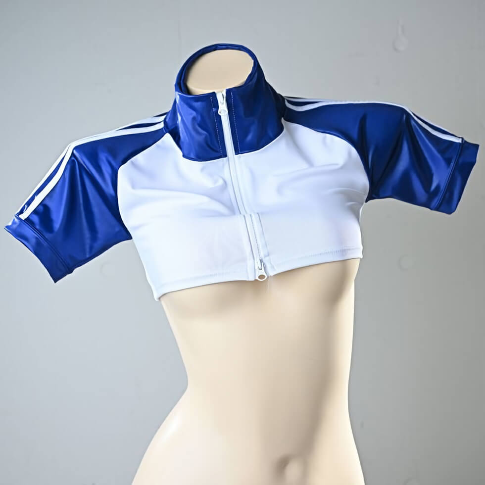 光沢ストレッチ体操服 半乳ジャージ 紺袖×白ライン - コスプレ・女装グッズ